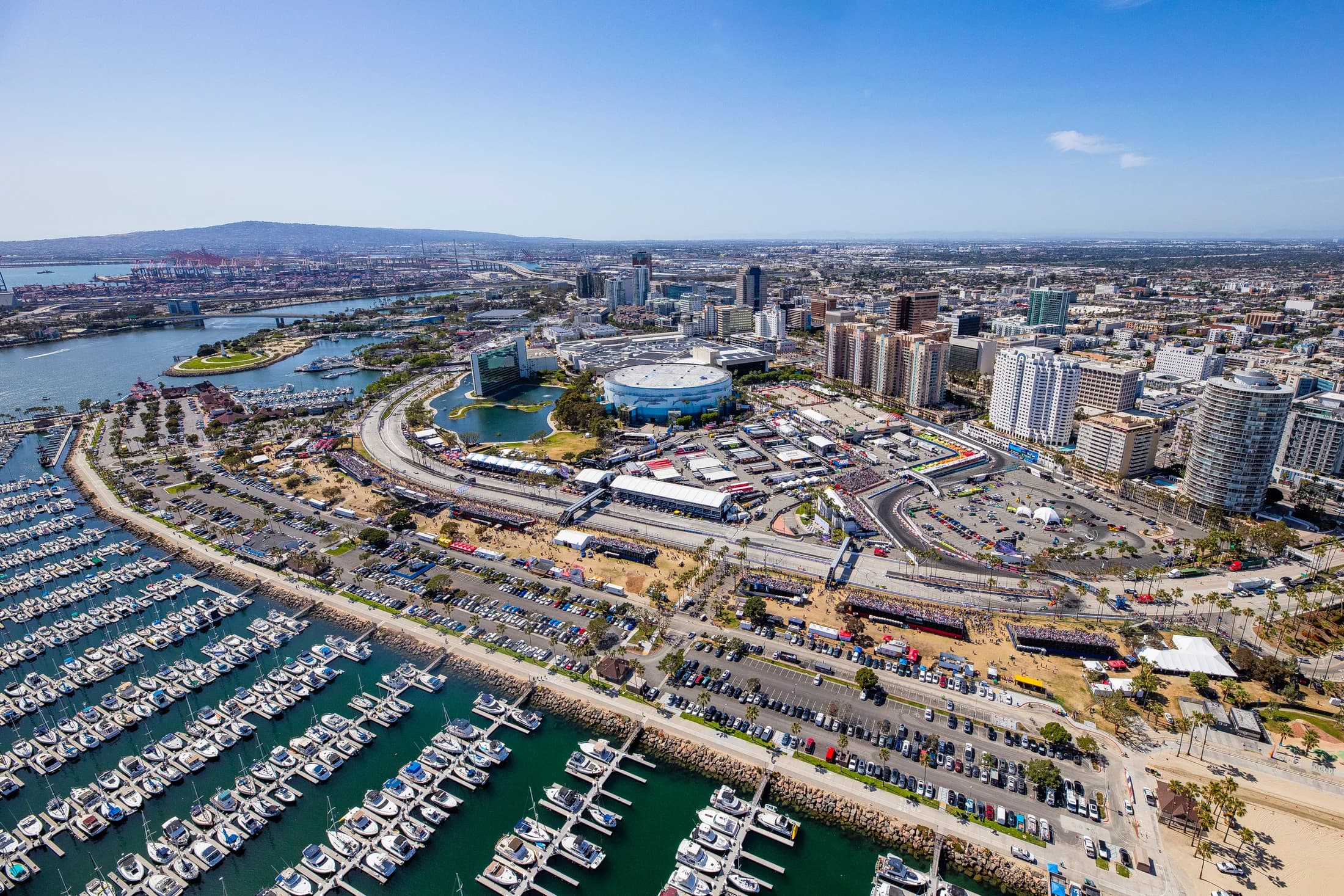 Aerial view of the Grand Prix of Long Beach hospitality and pit suites
