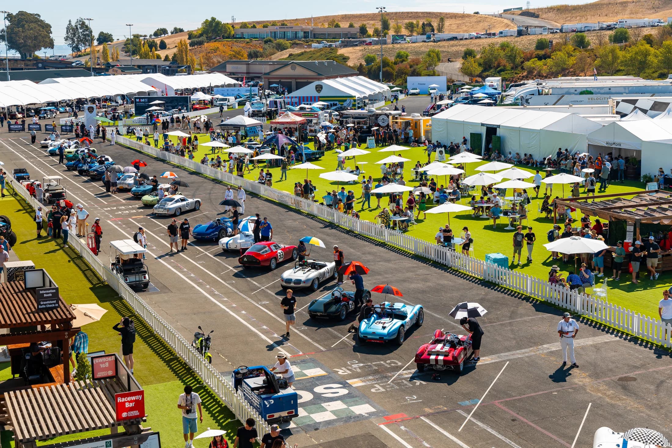 Temporary hospitality structures, furnished terraces and guest spaces at a raceway