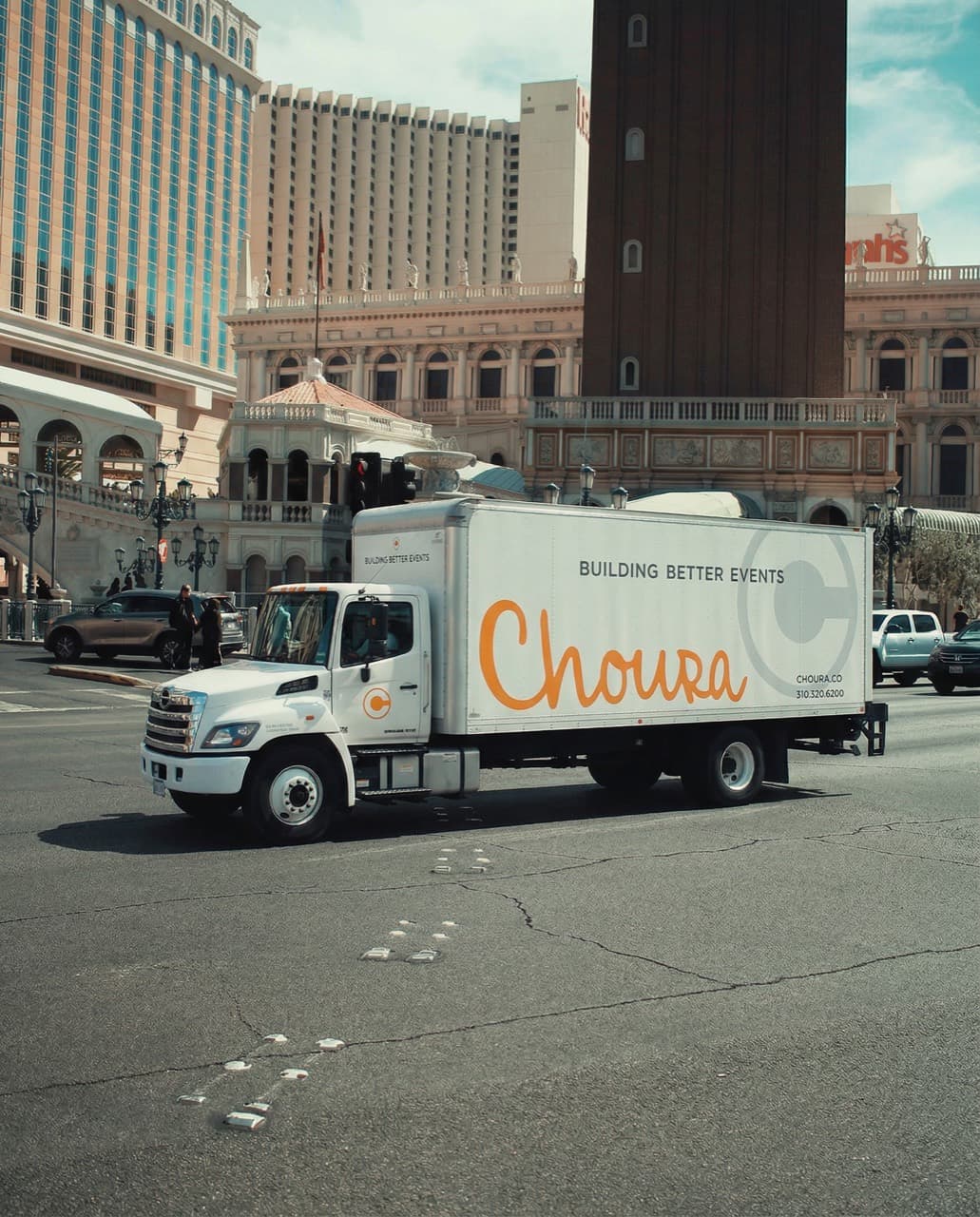 A branded Choura delivery truck on the Las Vegas Strip