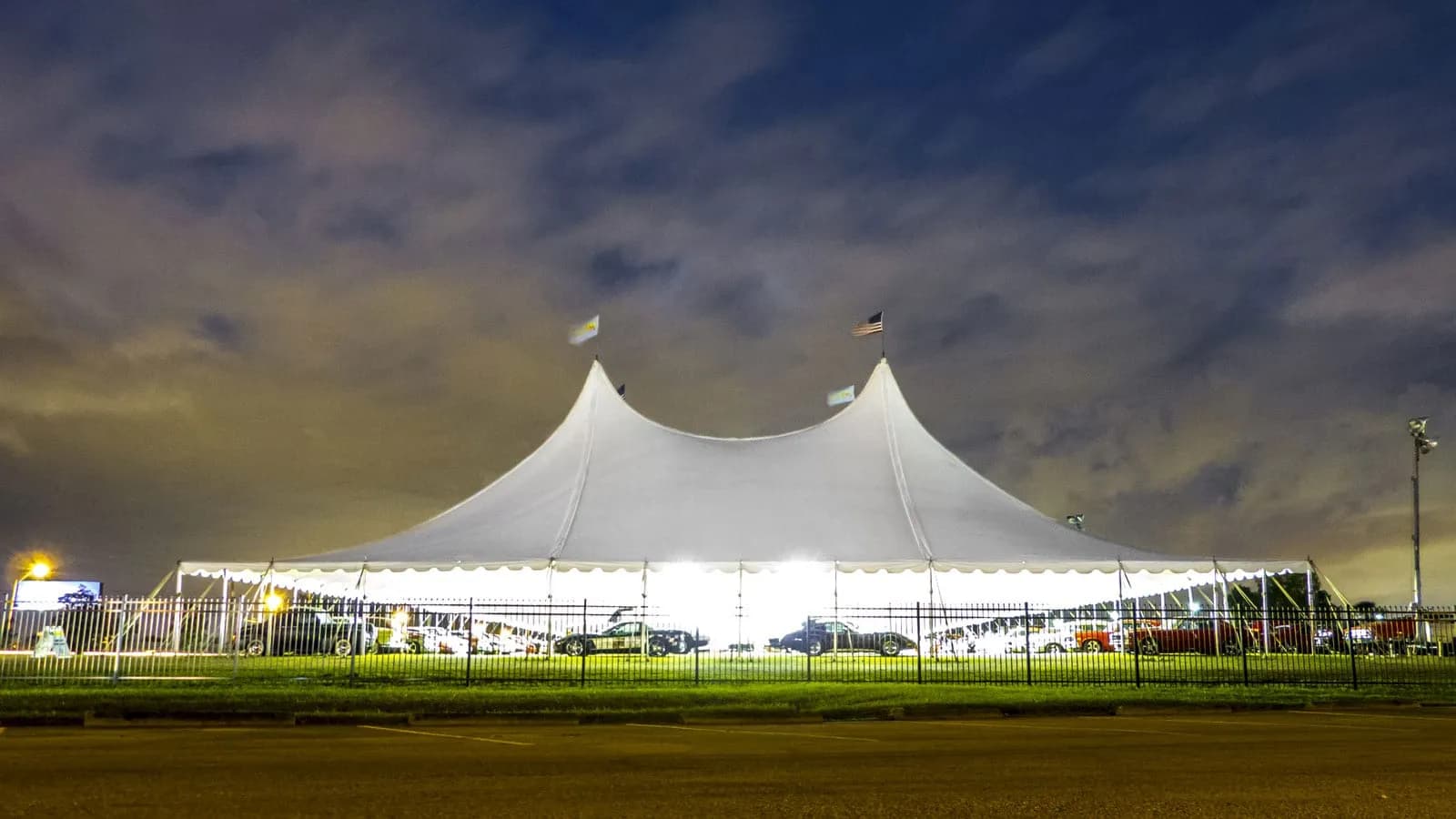 Pole Tent lit up at night