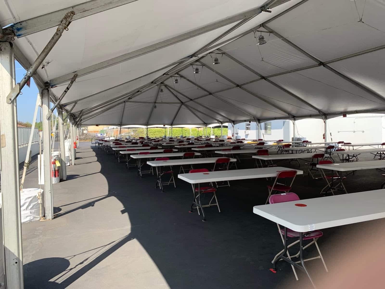 Outdoor tables and chairs setup for school cafeteria