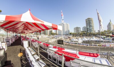 Choura Events: Acura Grand Prix of Long Beach 2018 VIP Lounge elevated above the Long Beach Grand Prix racetrack